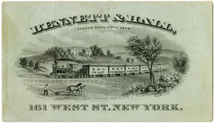 Bennett & Hall -yrityskortti [suorapuoli], 1882 (kaiverrettu litografia [yrityskortti]). tekijältä American School