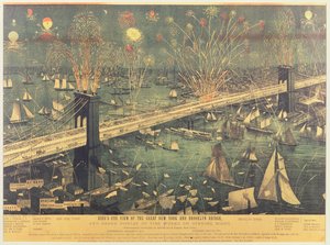 Lintuperspektiivikuva Great New Yorkista ja Brooklyn Bridgestä sekä suuri ilotulitus avajaisiltana vuonna 1883 tekijältä American School