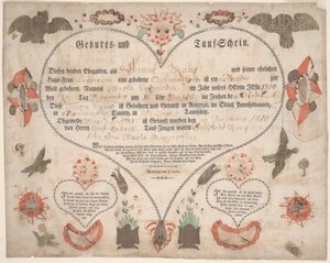 Maria Catharina Raupin syntymä- ja kastetodistus (Geburts und Taufschein) n. 1806 (kynä ja muste vesivärillä paperille) tekijältä American School