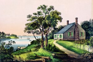 George Washingtonin syntymäpaikka Bridges Creekissä, Westmorelandin piirikunnassa, Virginiassa, 22. helmikuuta 1732, julkaisija Currier ja Ives tekijältä American School
