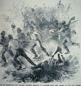 Unionin armeijan mustat joukot tuovat vangittuja aseita Pietarin piirityksen aikana (1864-65) (litho) tekijältä American School