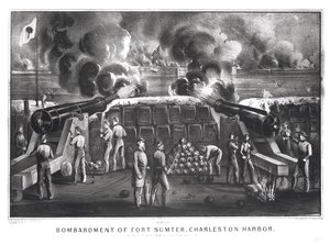 Fort Sumterin pommittaminen Charlestonin satamaan Fort Moultriesta, 12. ja 13. huhtikuuta 1861, pub. kirjoittaneet Currier ja Ives tekijältä American School