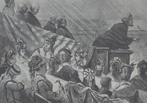 Brigham Youngia seurasivat monet nuoret vaimonsa saarnatessaan suuressa mormonitabernaakkelissa Utahissa tekijältä American School
