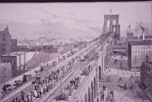 Brooklyn Bridge juuri avajaisten jälkeen, julkaistu 26. toukokuuta 1883 (kaiverrus) tekijältä American School