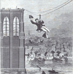 Brooklyn Bridge rakenteilla; Päärakennusvalvoja Farrington ylittää ensimmäisenä kahden pilonin välisen jänteen 25. elokuuta 1876 (kaiverrus) tekijältä American School