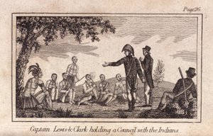 Kapteeni Lewis & Clarke pitävät neuvoston intiaanien kanssa, pub. 1812 (kaiverrus) tekijältä American School