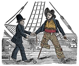 Kapteeni Mackralla ja merirosvolla on puinen jalka Kaiverrus "The Pirates Own Book" -kirjasta 1800-luku tekijältä American School