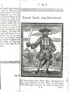 Kapteeni Teach, Alias Black Beard, teoksesta Kaikkien pahamaineisimpien merirosvojen ja heidän miehistöjen historia ja elämä, Lontoo, 1725 tekijältä American School