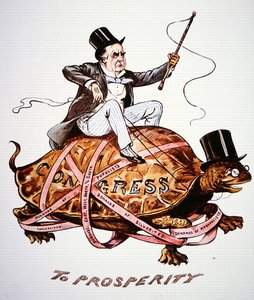 Sarjakuva presidentti William Mckinleystä (1843-1901), joka yrittää viedä politiikkaansa kongressin läpi (värilitho) tekijältä American School