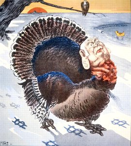 Sarjakuva, joka kuvaa republikaanipoliitikko Mark Hannaa (1837-1904) "Amerikkalaisen vapauden modernina linnuna" elokuvassa "The Verdict" tekijältä American School