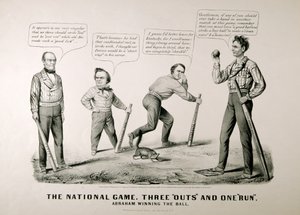 Sarjakuva, jossa Abraham Lincoln (1809-65) voitti pallon vastustajiaan Douglasia, Bellia ja Breckenridgeä vastaan presidentinvaaleissa 1860, 1860 tekijältä American School
