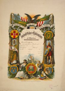 Todistus jäsenyydestä Ancient Order of Hibernians of Americassa, n. 1894 (värilitografia) tekijältä American School