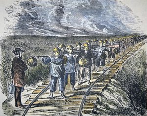 Charles Crocker (1822-88) ja hänen kiinalaisensa työvoimansa rakentamassa Keski-Tyynenmeren rautatietä, valmistunut 1869 (värilitho) tekijältä American School