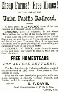 Halvat maatilat ja ilmaiset kodit Union Pacific Railroad -radalla, Appletons Journalin mainos, 4. toukokuuta 1872 tekijältä American School