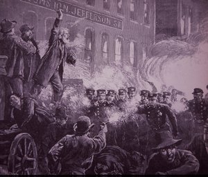 Chicago Haymarket Labor Riot vuodelta 1886, kaiverrus julkaistu Harper