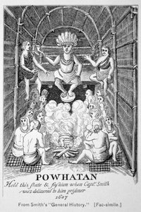 Päällikkö Powhatan, sellaisena kuin hän esiintyi vuonna 1607, Smithin julkaisusta General Historie of Virginia, New England & the Summer Isles. tekijältä American School