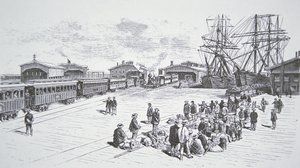 Kiinalaiset siirtolaiset tai "coolet" saapuvat San Franciscoon työskentelemään mannertenvälisellä rautatiellä 1860-luvulla (litho) tekijältä American School