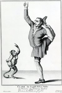 Clark the English Posture Maker, otettu sarjasta The Cryes of the City of the London Drawne after the Life, kaiverrus Marcellus Laroon II:n mukaan, julkaisija Pierce Tempest, 1688 tekijältä American School