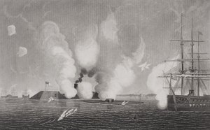 Taistelu Confederate CSS Virginian (vasemmalla) ja Union USS Monitorin (keskellä) välillä 9. maaliskuuta 1862 Hampton Roadsilla, Virginiassa (katso lisätietoja osoitteesta 254609) tekijältä American School