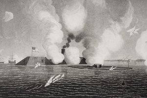 Taistelu Confederate CSS Virginian (vasemmalla) ja Union USS Monitorin (oikealla) välillä 9. maaliskuuta 1862 Hampton Roadsissa, Virginiassa (numero 254608) tekijältä American School