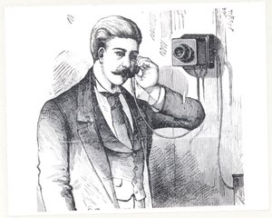 Lauhdutinpuhelin käytössä, The Electric Telephonesta, kirjoittanut George Bartlett Prescott (s.1830), 1890 tekijältä American School