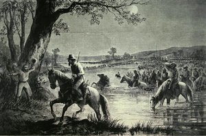 Konfederaation armeija ylitti Potomac-joen Fordeja Marylandin hyökkäyksen aikana vuonna 1862 (litho) tekijältä American School