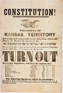 perustuslaki! Kansas Territoryn ihmisiä pyydetään kokoontumaan..., painanut E. C. K. Garvey & Co., noin 23. lokakuuta 1855
