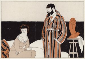 Pariskunta pilkkaa avioliiton ja taiteen rinnakkaiseloa, kohtaus J. A. Waldronin novellista "A Vassal To Art" (värilitro). tekijältä American School