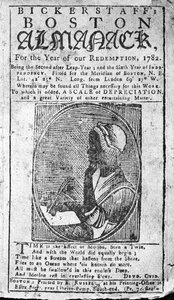 Bickerstaffs Boston Almanackin kansi, jossa on muotokuva Phillis Wheatleystä (1753-84), julkaistu 1782 (painettu) tekijältä American School