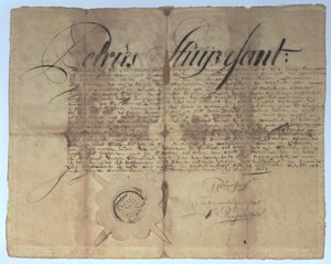 Uuden Alankomaiden pääjohtaja Peter Stuyvesantin allekirjoittama asiakirja, 15. toukokuuta 1664 tekijältä American School