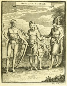 Cape Lope Gonsalvon ja Rio Gabonin asukkaiden mekko, kuvitus teoksesta "Tottumukset Gold Coastilla", kirjoittanut Thomas Astley, 1745-47 tekijältä American School