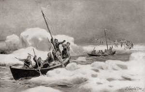 Elisha Kent Kane, The Second Grinnell Expedition 1853 johtaja, etsimässä kapteeni Sir John Franklinin kadonnutta retkikuntaa arktisilla alueilla, kirjasta The History of Our Country, julkaistu 1905 (litho) tekijältä American School