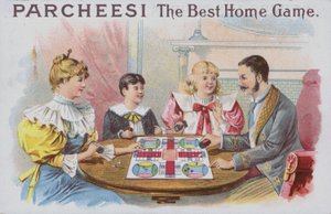 Perhe pelaa Parcheesia (chromolitho) tekijältä American School