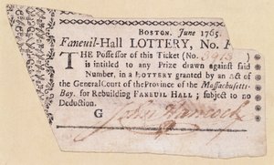 Faneuil-Hall-arpajaislippu, allekirjoittanut John Hancock (1737-93) 1765 (muste paperille) tekijältä American School