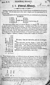Federal Money, sivu The Scholars Arithmetic 6th Editionista, kirjoittanut Daniel Adams, julkaissut N.H.Keene, 1810 (painettu) tekijältä American School
