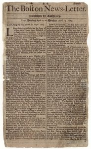 Boston News-Letter -lehden ensimmäinen numero, 1704 (sanomalehtipaperi) tekijältä American School