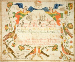 Fraktuuri Elizabeth Wachterin (1808-71) syntymä- ja kastetodistukseen 1808 (muste ja akvarelli paperille). tekijältä American School