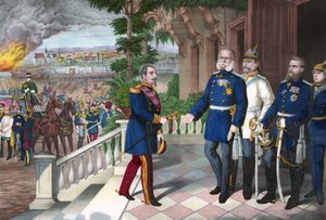 Ranskan ja Preussin sota 1870-1871: Napoleon III:n antautuminen Sedanin taistelun jälkeen, 2. syyskuuta 1870. Väriviivakaiverrus, amerikkalainen, c1871 - Sota 1870: Napoleon III (1808-1873) vanki Sedanin taistelun jälkeen tapaa Williamin Preussin I (1797-