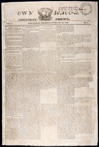 Cherokee Phoenixin etusivu, 21. helmikuuta 1828 (tulostus) tekijältä American School