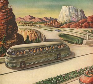 Futuristinen matkustajabussi matkustaa moottoritiellä Yhdysvaltain lounaisosassa tekijältä American School