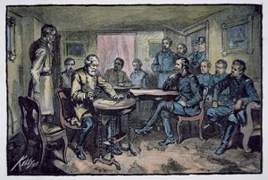 Kenraali Robert E. Lee (1807-70) antautuu kenraali Ulysses S. Grantille (1822-85) Appomattoxin oikeustalossa 9. huhtikuuta 1865 (värilitho) tekijältä American School