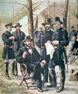 Kenraali Ulysses Simpson Grant, unionin joukkojen komentaja Shilohin taistelussa 6.-7. huhtikuuta 1862 (väri litho) tekijältä American School
