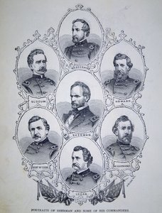 Kenraali William Tecumseh Sherman (1820-91) ja jotkut hänen Unionin armeijan komentajat (kaiverrus) tekijältä American School