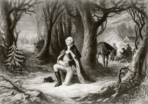 George Washington rukoilee Yhdysvaltain vapaussotaleirillä Valley Forgessa talvella 1777-1778 Henry Bruecknerin maalauksen jälkeen tekijältä American School