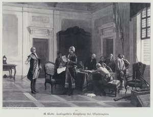 George Washington toivottaa Marquis de Lafayetten tervetulleeksi (kaiverrus) tekijältä American School