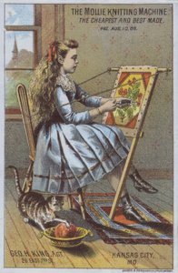 Tyttö käyttää neulekonetta (väri litho) tekijältä American School