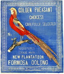 Golden Pheasant Choicest Carefully Select, No. Rekisteröity tavaramerkki Uusi Plantation Formosa Oolong (lohkopainatus (värimuste paperille taustalla)) tekijältä American School