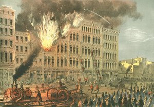 Great Fire on Lake Street, Chicago Illustrated, James W. Sheahanin kirjalliset kuvaukset, julkaisija Jevne & Almini, Chicago, 1866-67 tekijältä American School