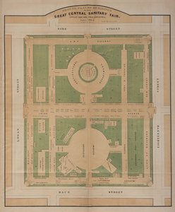 Logan Squarella, kesäkuussa 1864 järjestettävän Suuren terveysmessujen rakennusten pohjapiirros (värilitro). tekijältä American School