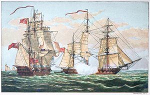 HMS Shannon vs amerikkalainen Chesapeake vuonna 1813 sodan 1812 aikana (väri litho) tekijältä American School